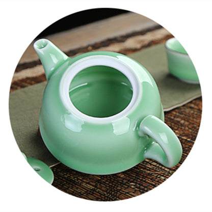 Tea Pot + Six Matching Tea Cups Green Porcelain Tea Set Fish Carved China Pots