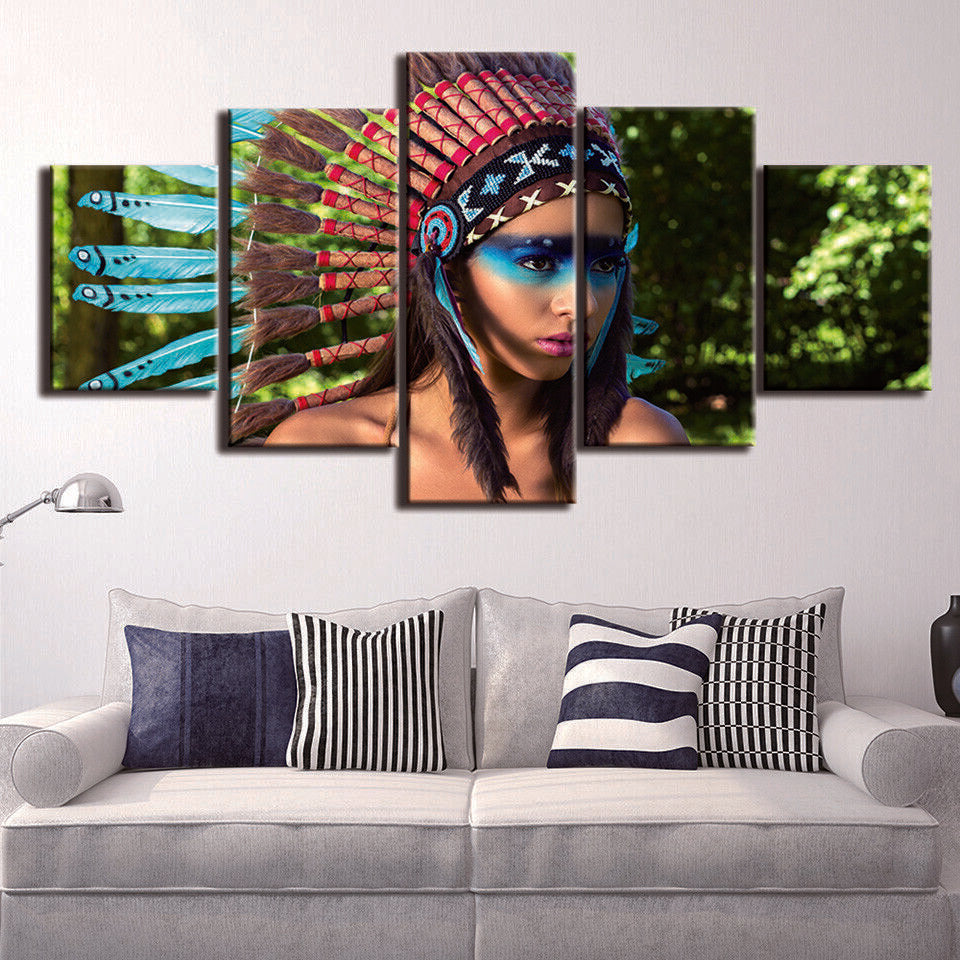 Indians Woman Headdress Feathers Canvas Prints Painting Wall Art Home Decor 5PCS