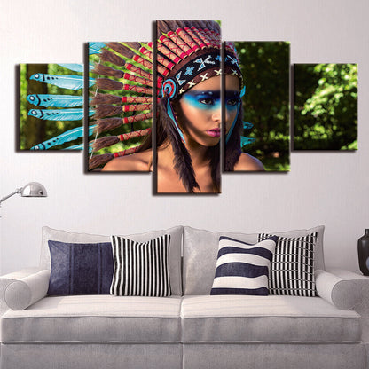 Indians Woman Headdress Feathers Canvas Prints Painting Wall Art Home Decor 5PCS