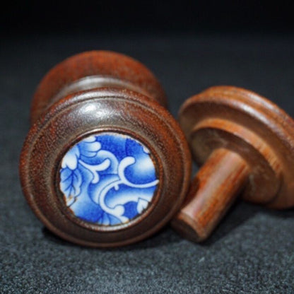 Rosewood Inlaid Porcelain Thumb Ring Box 7.5x5.5cm Portable Retro