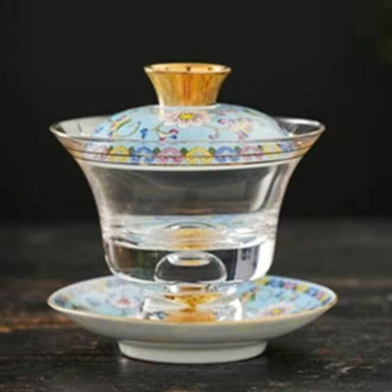 Tea Bowl Thickened Glass Tureen Tea Cover Bowl Lid Sancai Gaiwan Hand Painted