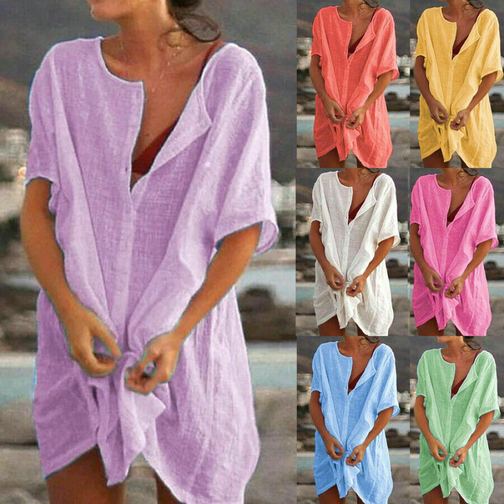 Plus Size Women Short Sleeve Baggy Long Blouse Shirt Mini Dress Beach Tunic Tops
