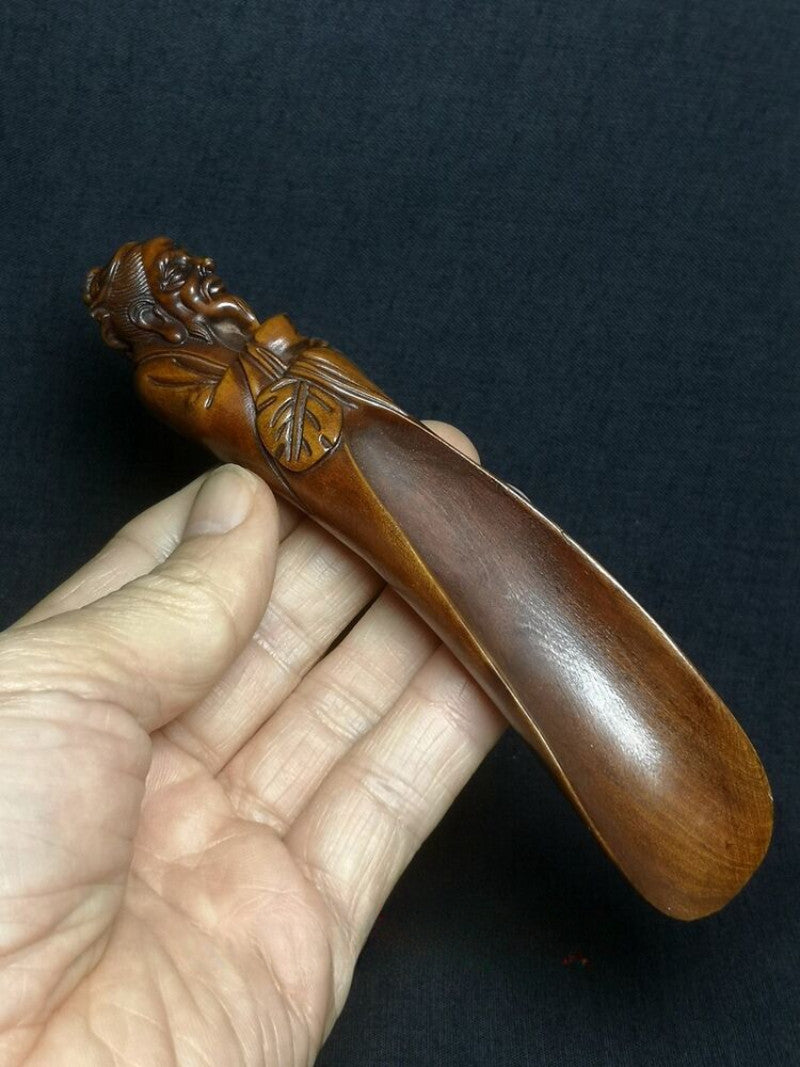 Chinese Boxwood Hand Carved Old Man Longevity Statue Tea Spoon Collection