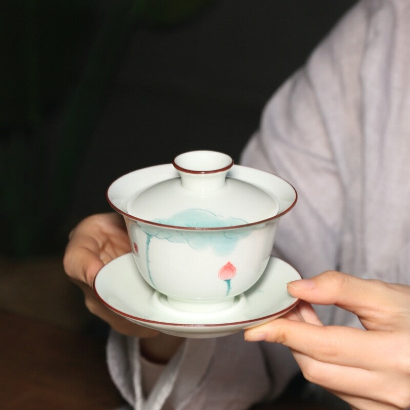 porcelain tea brewer gaiwan handpainted San Cai bowl with saucer 150cc tureen