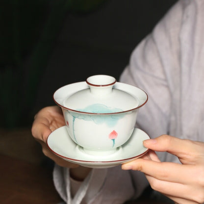 porcelain tea brewer gaiwan handpainted San Cai bowl with saucer 150cc tureen