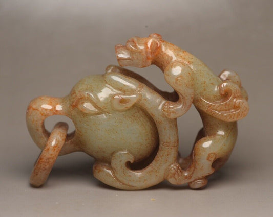 Old Peking Chinese Hetian Jade Carving Beast Statue Unique Wonderful Art Decor