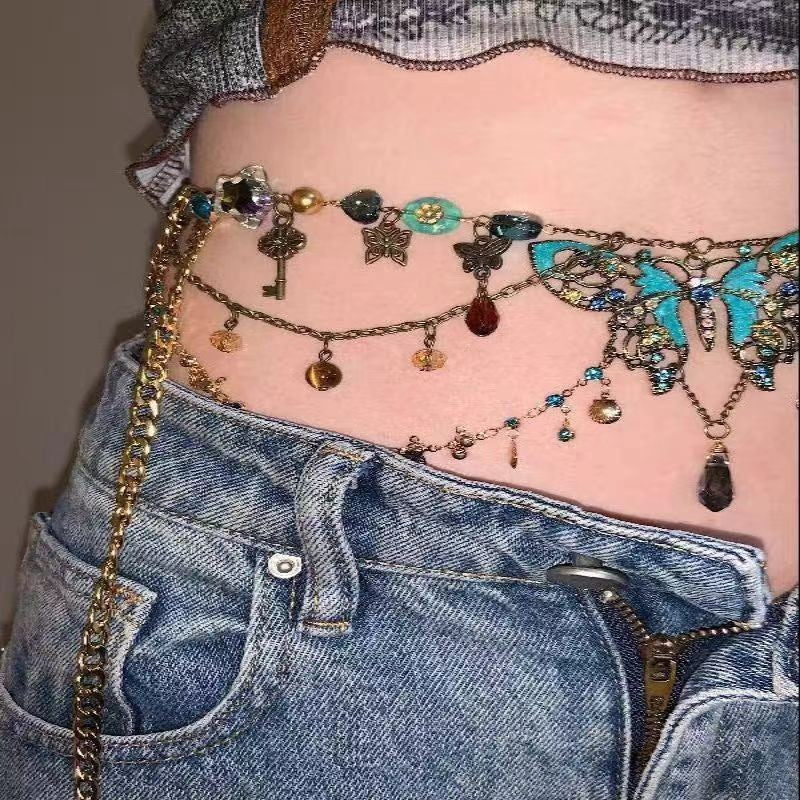 Butterfly Beaded Necklace Waist Chain Vintage Niche Vacation Jewelry for Women