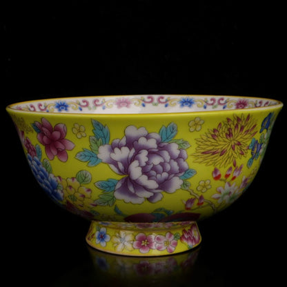 Old Chinese porcelain Yellow glaze color Painted flowers bowl Qianlong Mark a404