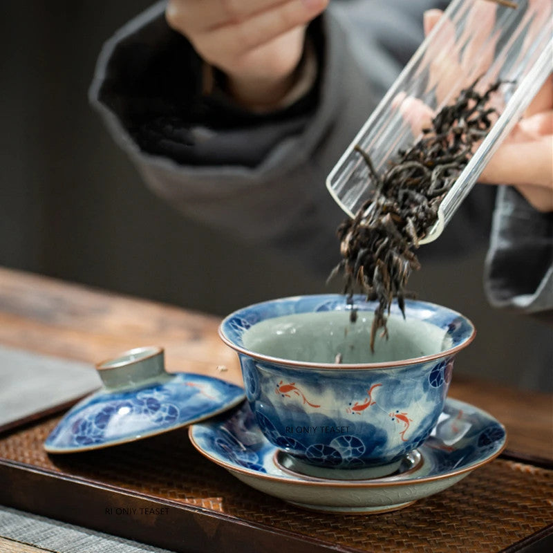 210ml Chinese Ceramic Gaiwan Handmade Lotus Koi Fish Tea Tureen Tea Bowl Teaware