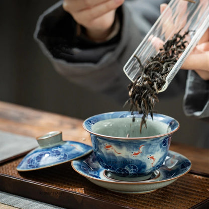 210ml Chinese Ceramic Gaiwan Handmade Lotus Koi Fish Tea Tureen Tea Bowl Teaware