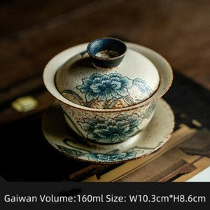 Handpainted Gaiwan Teacup Pitcher Ceramic Peony Print Master Cup Tureen Fair Cup