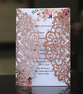 50X Glitter Wedding Invitation Card Laser Cut Romantic Party Floral Personalize