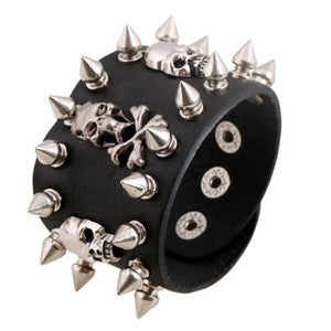 Gothic Punk Rock Skull & Spikes Leather Cuff Bracelet Studded Wristband Bold