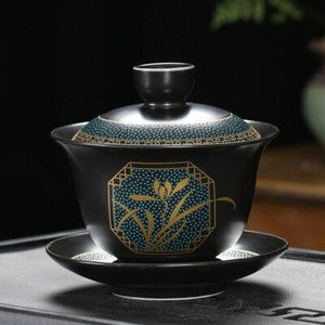 Chinese Tea Set Classical Gaiwan Cup Black Clay 180ml Traditional Handmade Bowl