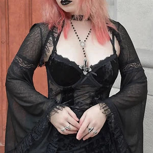 Women Sexy Gothic Long Flare Sleeve Lace Shrug Retro Steampunk Crop Top Cardigan