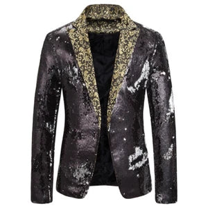 Men Floral Sequin Blazer Suit Jacket Coat One Button Party Clubwear Singer Shiny