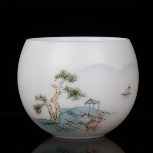 Mutton Fat Jade Porcelain Cup 150ml Handpainted Master Tea Cup Under Glaze Lotus
