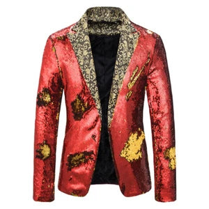 Men Floral Sequin Blazer Suit Jacket Coat One Button Party Clubwear Singer Shiny