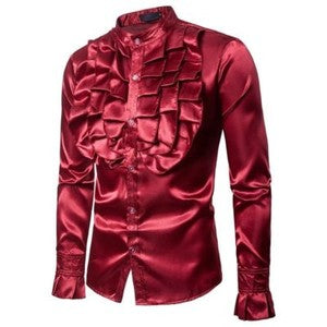 Men Faux Silk Satin Ruffle Shirt Tops Long Sleeve Fancy Clothes Victorian Retro
