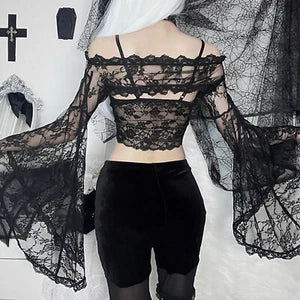Women Sexy Gothic Long Flare Sleeve Lace Shrug Retro Steampunk Crop Top Cardigan