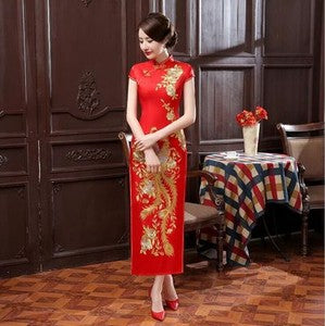 New Red Chinese Womens Embroidery Evening Party Dress Long Cheongsam Qi Pao Sz