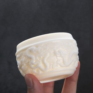 Handmade Teacup Dragon Engraved Carved Master Cup White China Personal Cup 100ml