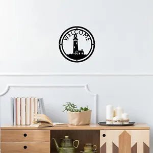 Lighthouse Welcome Sign - 12.5" Round Metal Wall Art