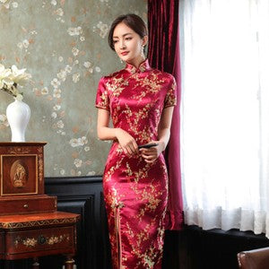 Women Prom Gown Summer Silk Satin Dress Chinese Traditional Cheongsam Size S-4XL