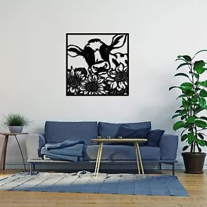 Farmhouse Metal Wall Art Rustic Cow with Sunflowers Wall Sculpture Decor