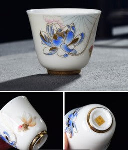 Dehua Fat Mutton Jade Porcelain Tea Cup 50ml Hand Drawing Floral Fish Painted