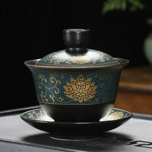 Chinese Tea Set Classical Gaiwan Cup Black Clay 180ml Traditional Handmade Bowl