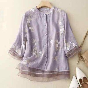 Women'S Cotton Linen Floral Shirts Embroidery Chinese Style Loose Blouse