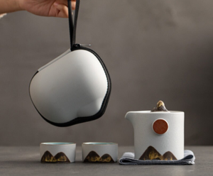 Ceramic Teapot with 2 Cups Handpainted Mountain Portable Travel Tea Set with Bag
