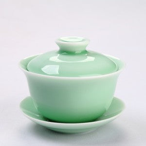 Longquan Porcelain Gaiwan Chinese Green Solid Color Tureen Handpainted Floral