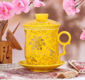 New Chinese Flower Ceramic Porcelain Tea Cup with Infuser Lid&saucer Coffee Mug
