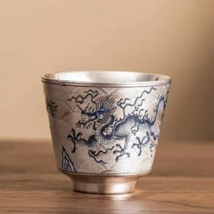 silver gaiwan ceramic tureen tea cup dragon design chinese tea set handpainted