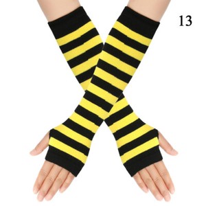 Women Striped Arm Sleeve Mittens Arm Hand Warmer Knitted Long Fingerless Gloves