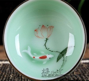 Boutique Celadon Tea Cup Goldfish Four Seasons Lotus Design Ceramic Tea Set