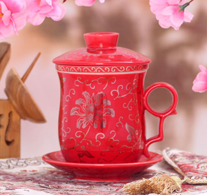 New Chinese Flower Ceramic Porcelain Tea Cup with Infuser Lid&saucer Coffee Mug