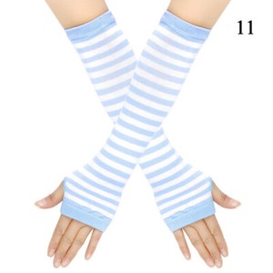 Women Striped Arm Sleeve Mittens Arm Hand Warmer Knitted Long Fingerless Gloves