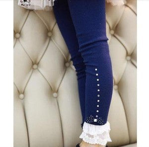 Girls Rhinestone Leggings Spring Fall Children Lace Trim Ruffle Princess Kids