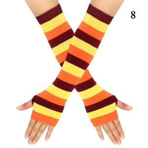 Women Striped Arm Sleeve Mittens Arm Hand Warmer Knitted Long Fingerless Gloves