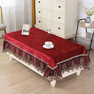 Rectangle Table Cover Cloth Velvet Embroidered Lace Trim Tablecloth Decor Luxury