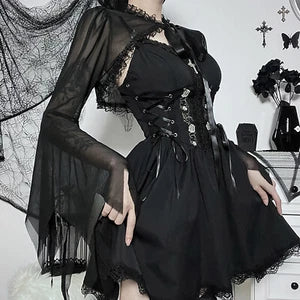 Women Sexy Gothic Long Flare Sleeve Lace Shrug Retro Steampunk Crop Top Cardigan