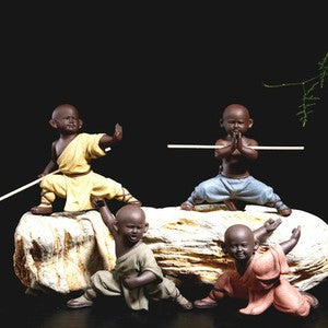 Chinese Shao Lin Monk Kungfu Posture Statue Zisha Purple Clay Boy On Tea Tray