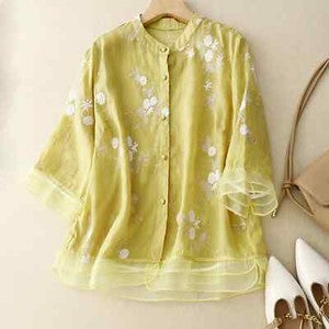 Women'S Cotton Linen Floral Shirts Embroidery Chinese Style Loose Blouse