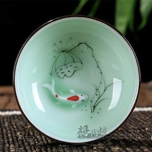 Boutique Celadon Tea Cup Goldfish Four Seasons Lotus Design Ceramic Tea Set