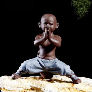Chinese Shao Lin Monk Kungfu Posture Statue Zisha Purple Clay Boy On Tea Tray