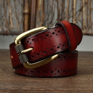 Men's Vintage Hollow Leather Belt Solid Brass Buckle Waistbands for Pants Brown