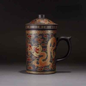 Yixing Dragon Phenix Purple Clay Tea Mug Lid Infuser Handmade Ceramic Teacup